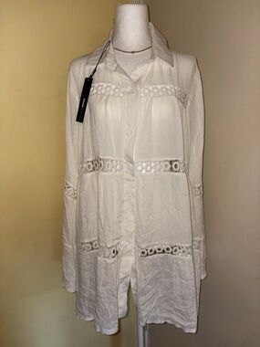 Fashion Nova White Eyelet Detail Long Button-Up Cover Up Shirt Dress M